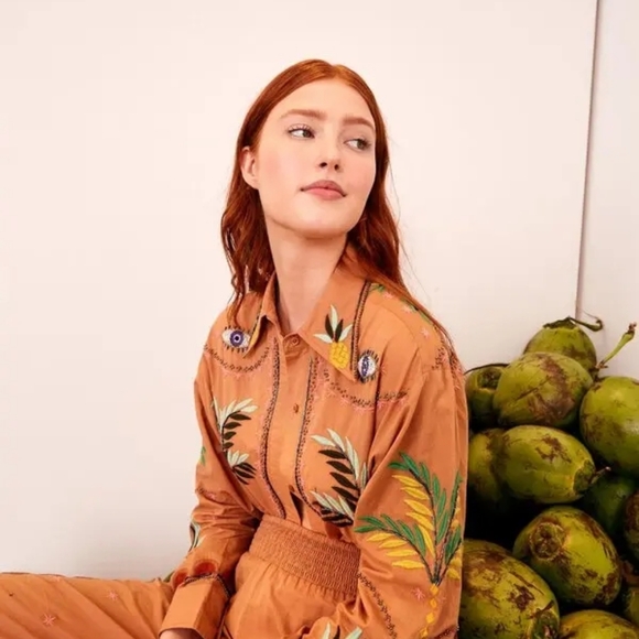 FARM Rio Tops - FARM RIO Mystic Embroidered + Beaded Button-Up Shirt Small